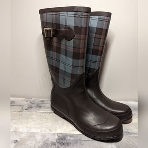 L.L. Bean Wellie Rain Boots Women's Size 10- Blue & Brown Plaid